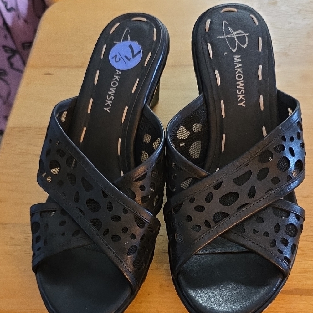 B. Makowsky Black Mules with Perforated Design